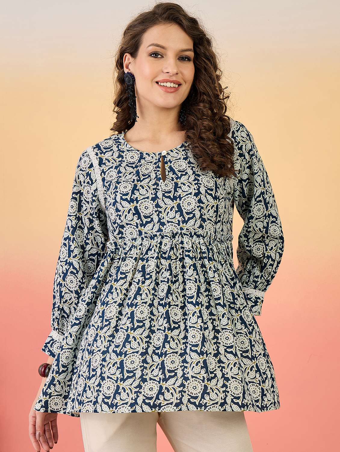 women printed three quarter sleeve ethnic top - 22514362 -  Standard Image - 2