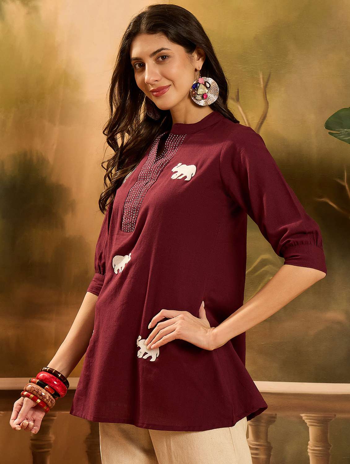 women embroidered three quarter sleeves a-line kurti - 22514371 -  Standard Image - 2