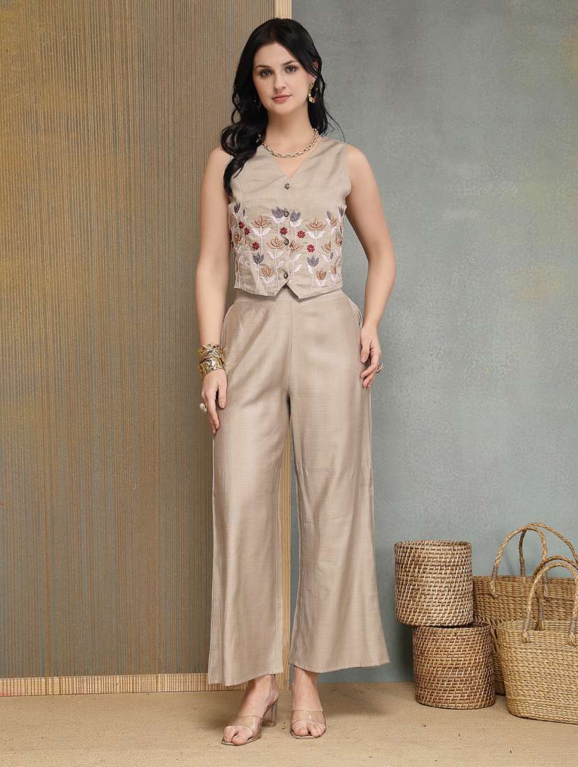 women embroidered sleeveless top and trouser co-ord set - 22514430 -  Standard Image - 2