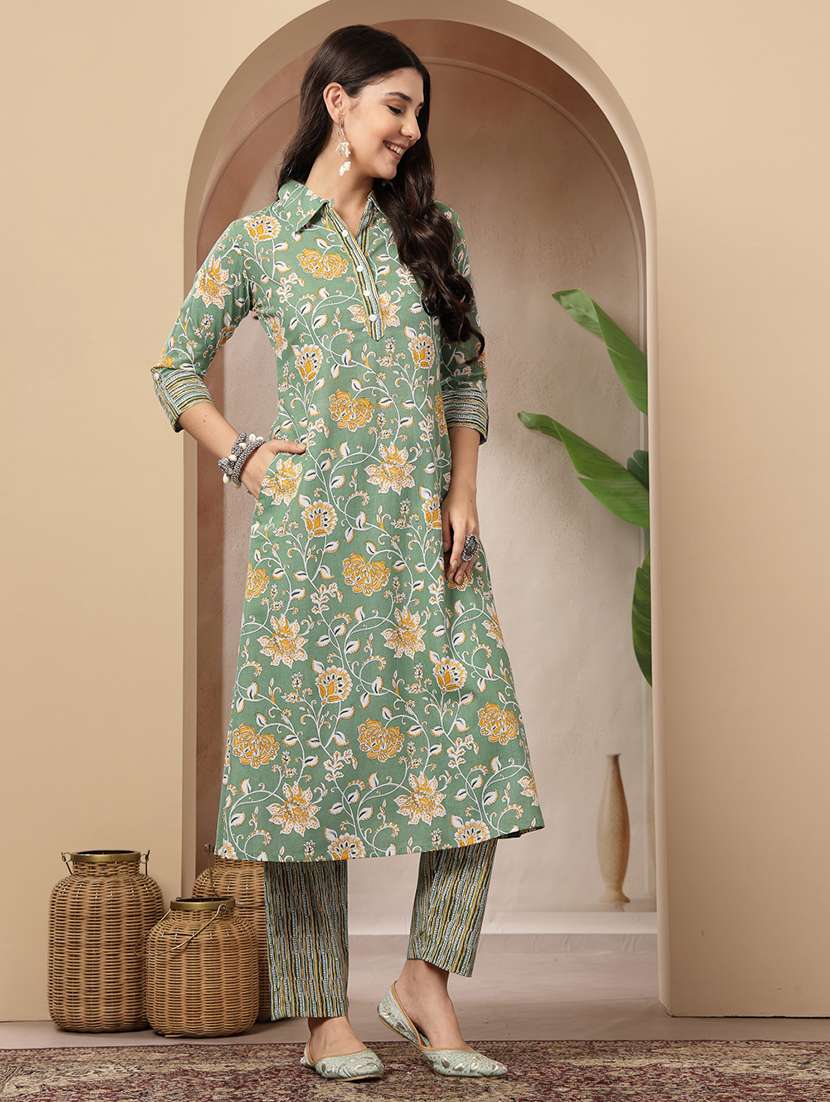 women printed collared kurta and pant set - 22514436 -  Standard Image - 2