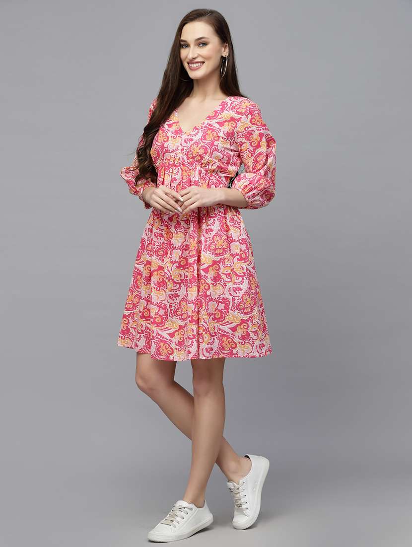 women printed v neck fit and flare dress - 22514526 -  Standard Image - 2