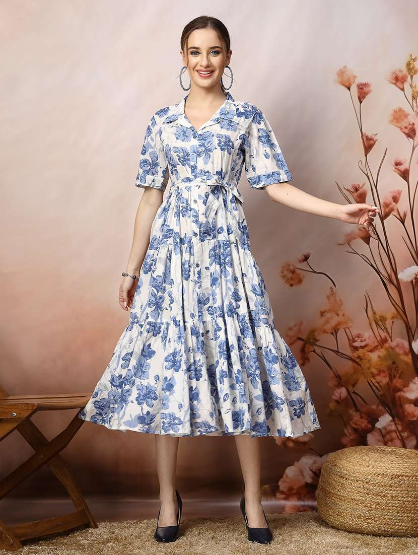 women printed collared midi tiered dress - 22514531 -  Standard Image - 2