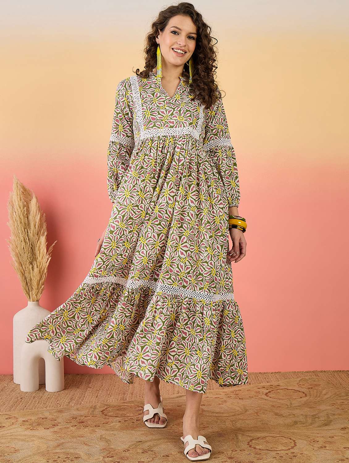 women printed three quarter sleeves tiered dress - 22514545 -  Standard Image - 2