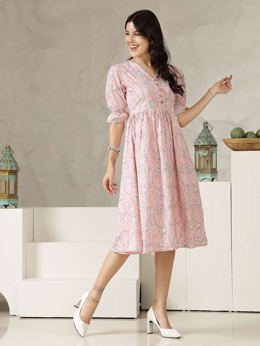 women printed v neck fit and flare dress - 22514564 -  Standard Image - 2