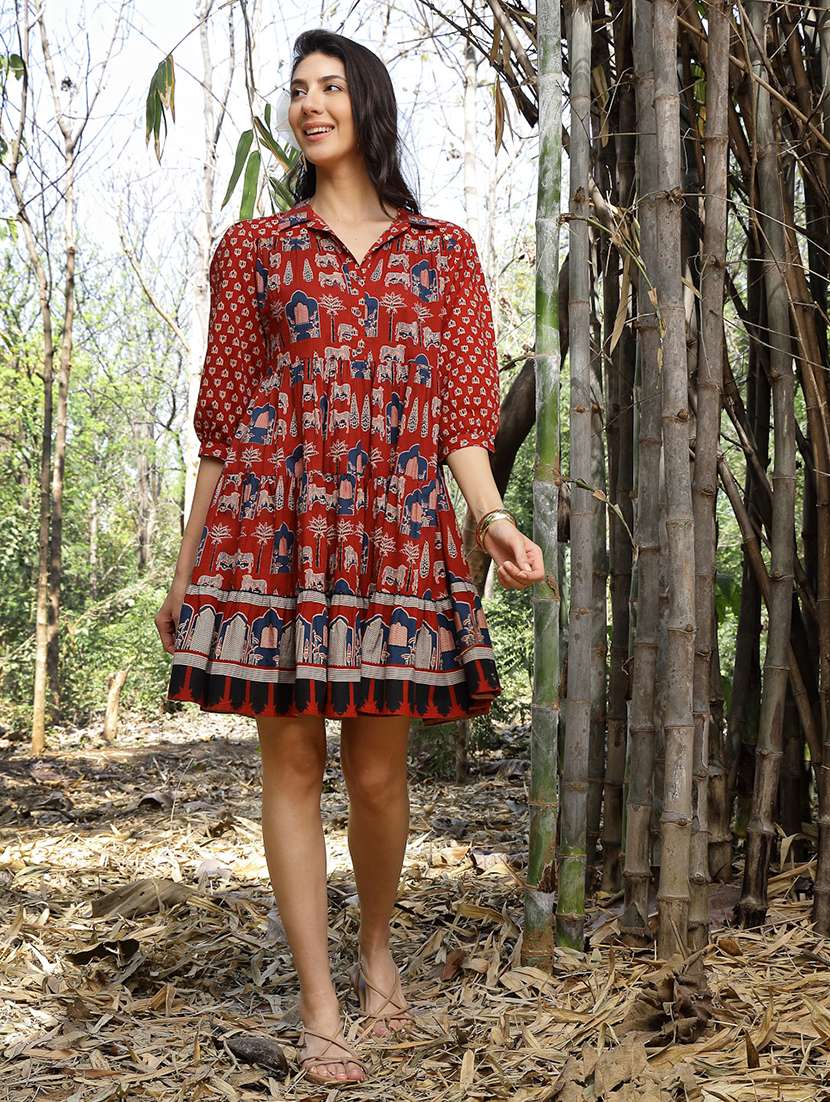 women printed collared tiered dress - 22514646 -  Standard Image - 2