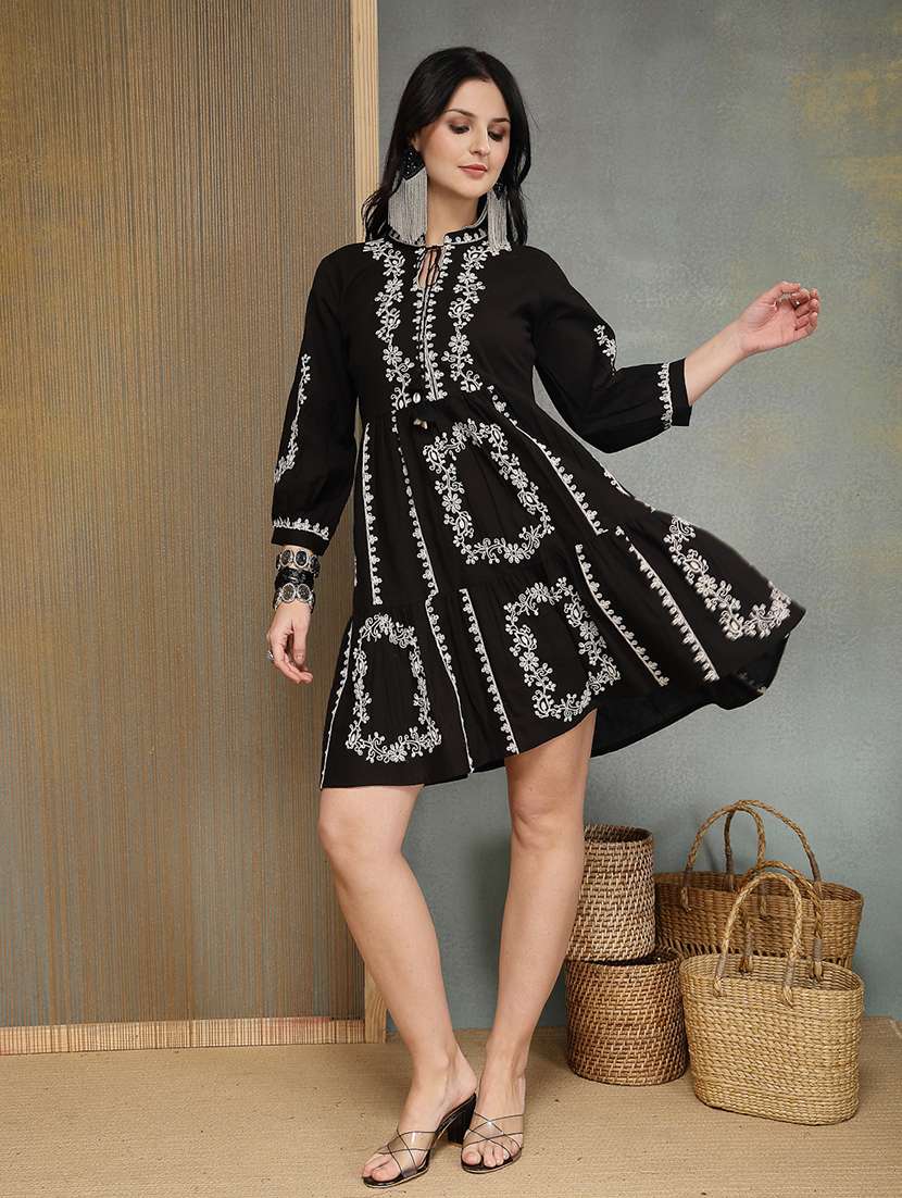 women embroidered mandarin neck tiered dress - 22514649 -  Standard Image - 2