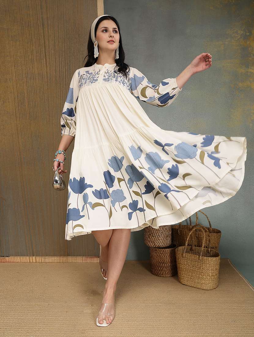 women embroidered mandarin neck tiered dress
