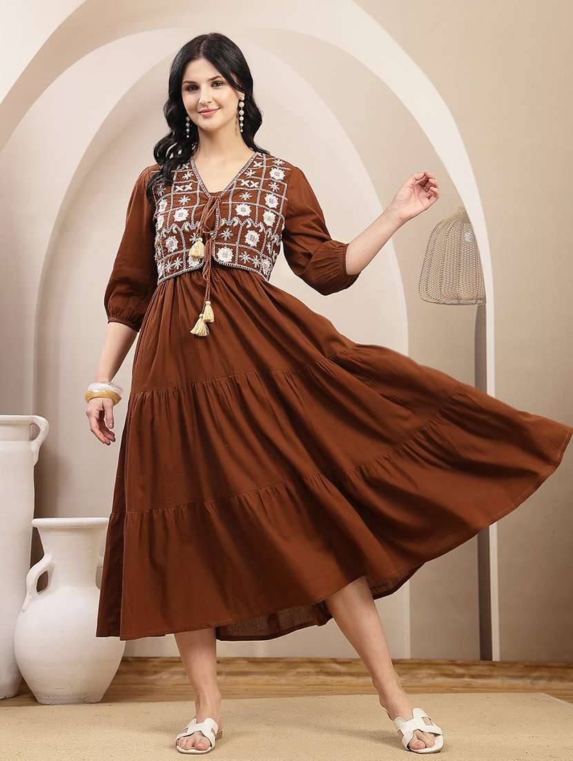 women embroidered round neck tiered dress with jacket - 22514663 -  Standard Image - 2