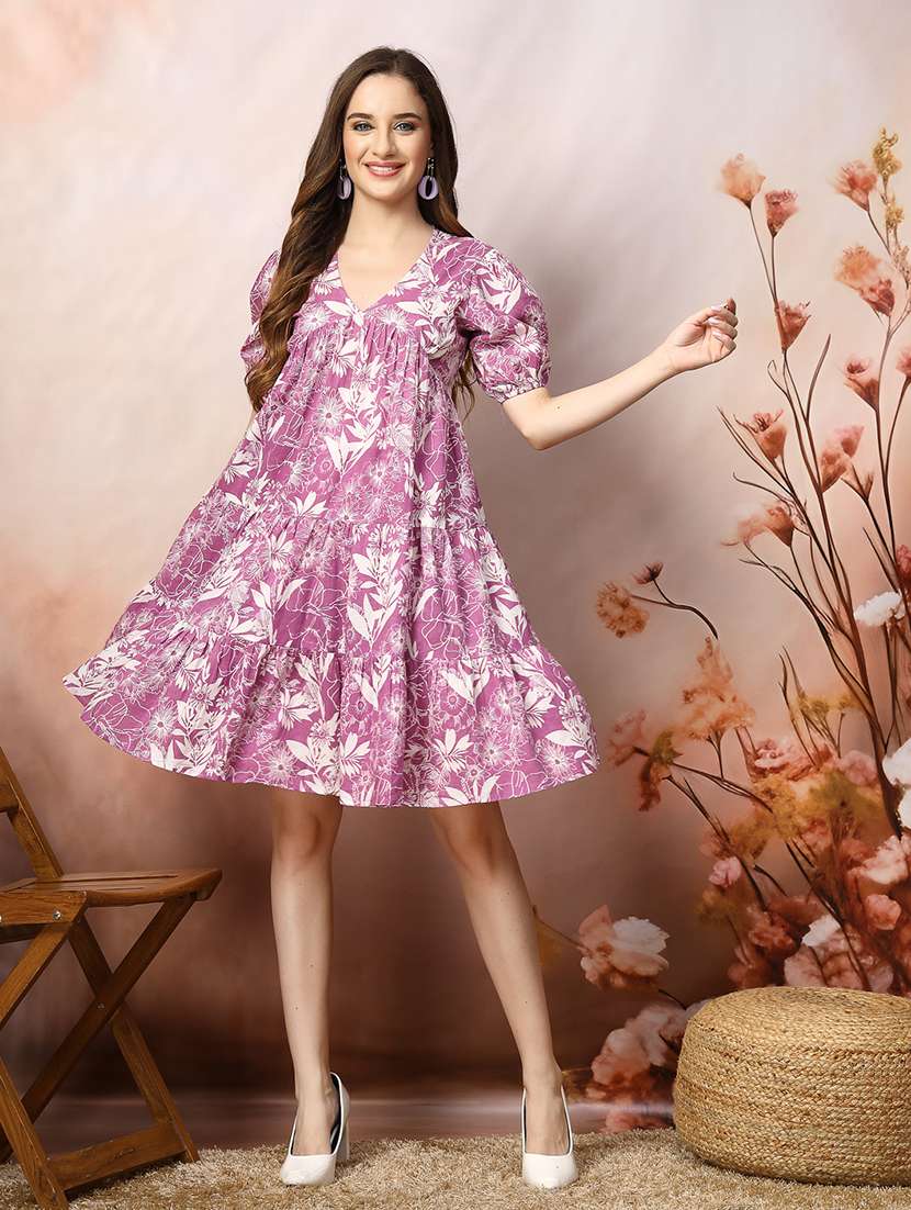 Women Printed V Neck Tiered Dress - 22514665 -  Standard Image - 2