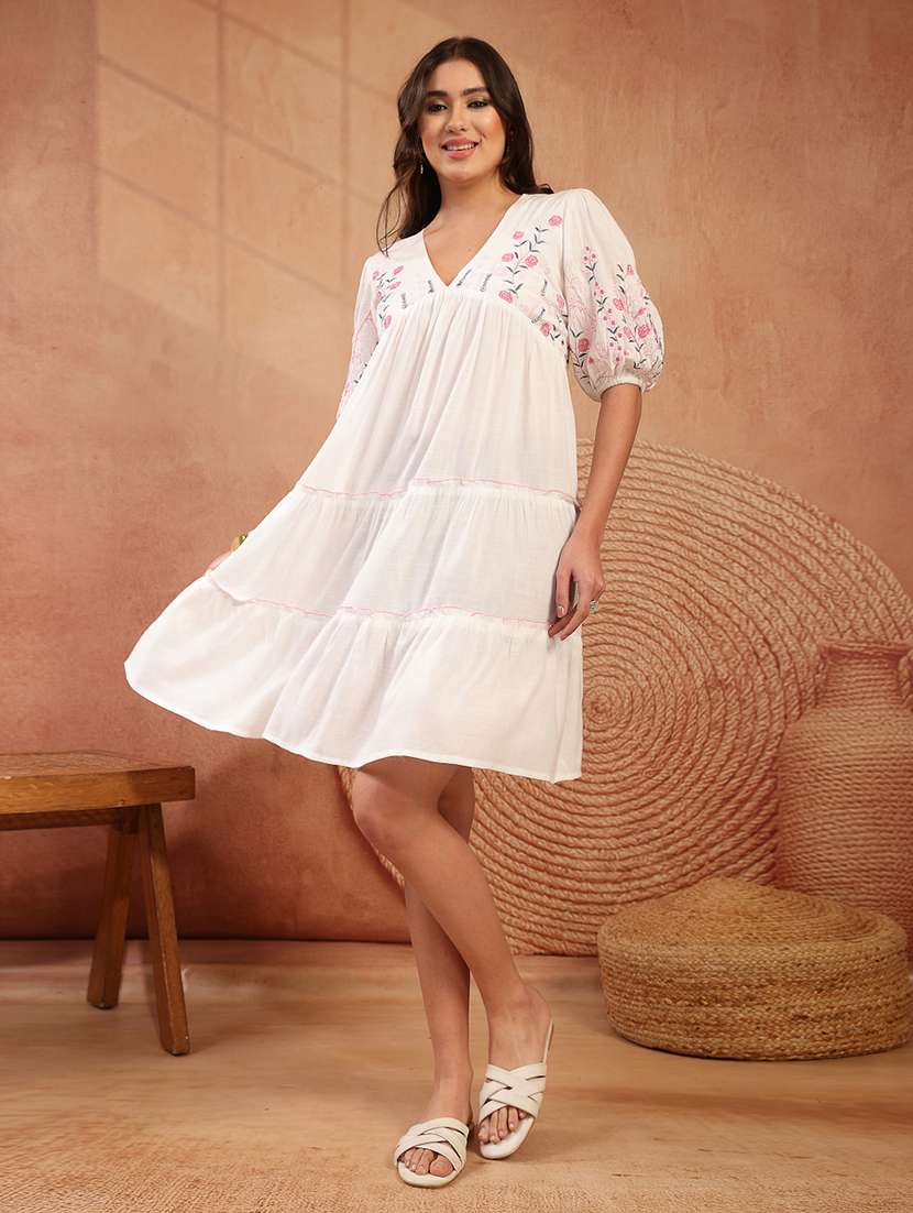 women embroidered puff sleeves tiered dress - 22514674 -  Standard Image - 2