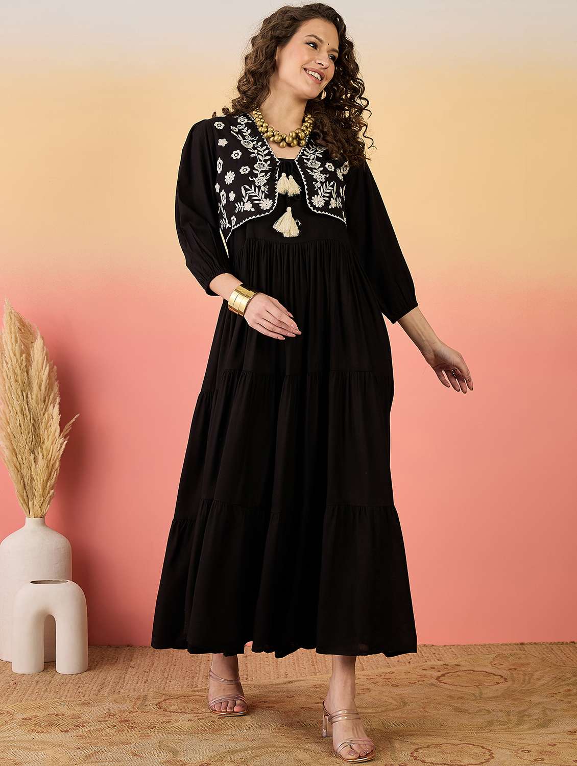 women embroidered sleeveless tiered dress with jacket