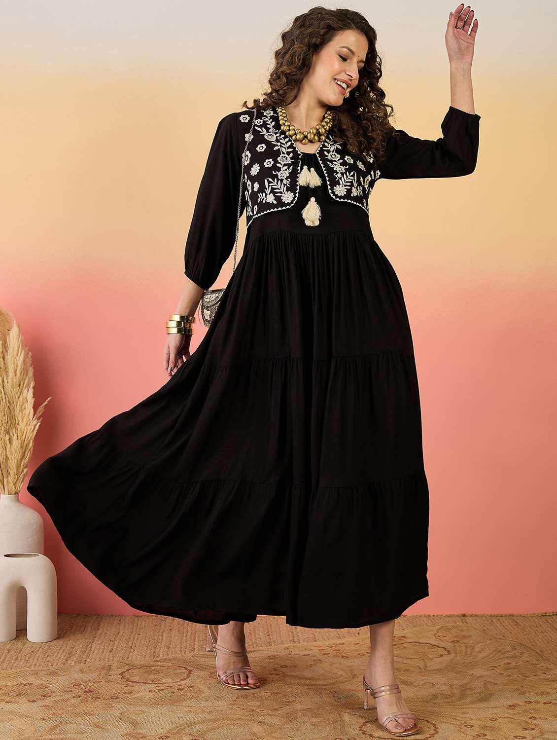 women embroidered sleeveless tiered dress with jacket - 22514686 -  Standard Image - 2