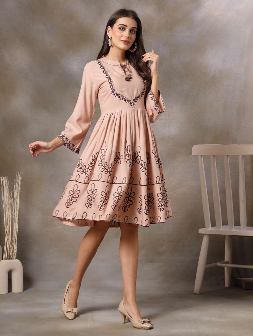 women embroidered mandarin neck fit and flare dress - 22514706 -  Standard Image - 2