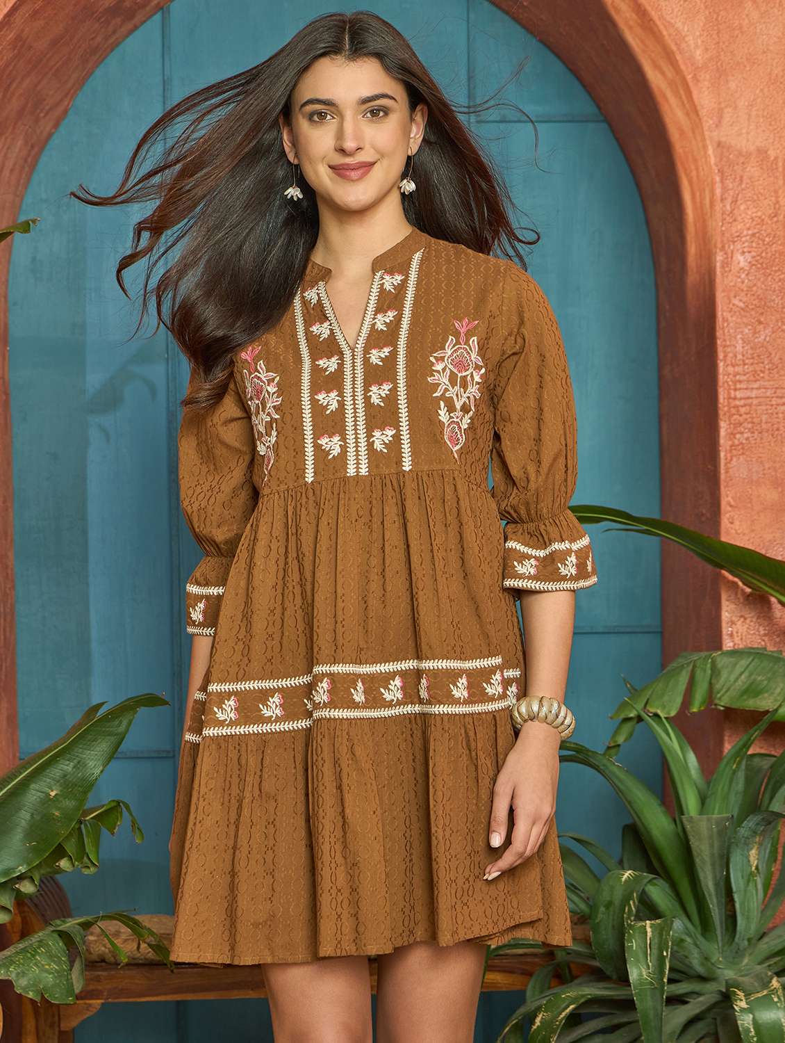 women self design three quarter sleeves tiered dress - 22514711 -  Standard Image - 2