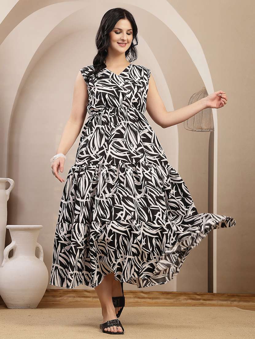 Women Printed V Neck Tiered Dress - 22514758 -  Standard Image - 2