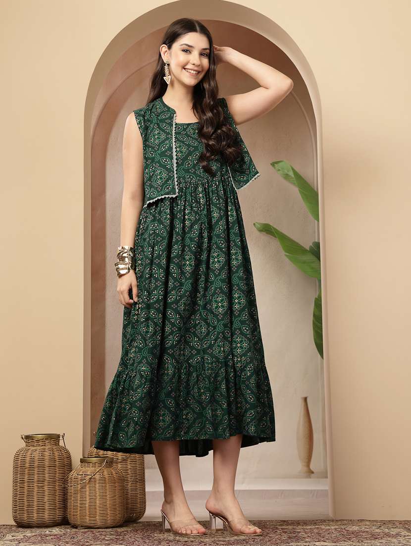 women printed sleeveless tiered dress with jacket - 22514770 -  Standard Image - 2