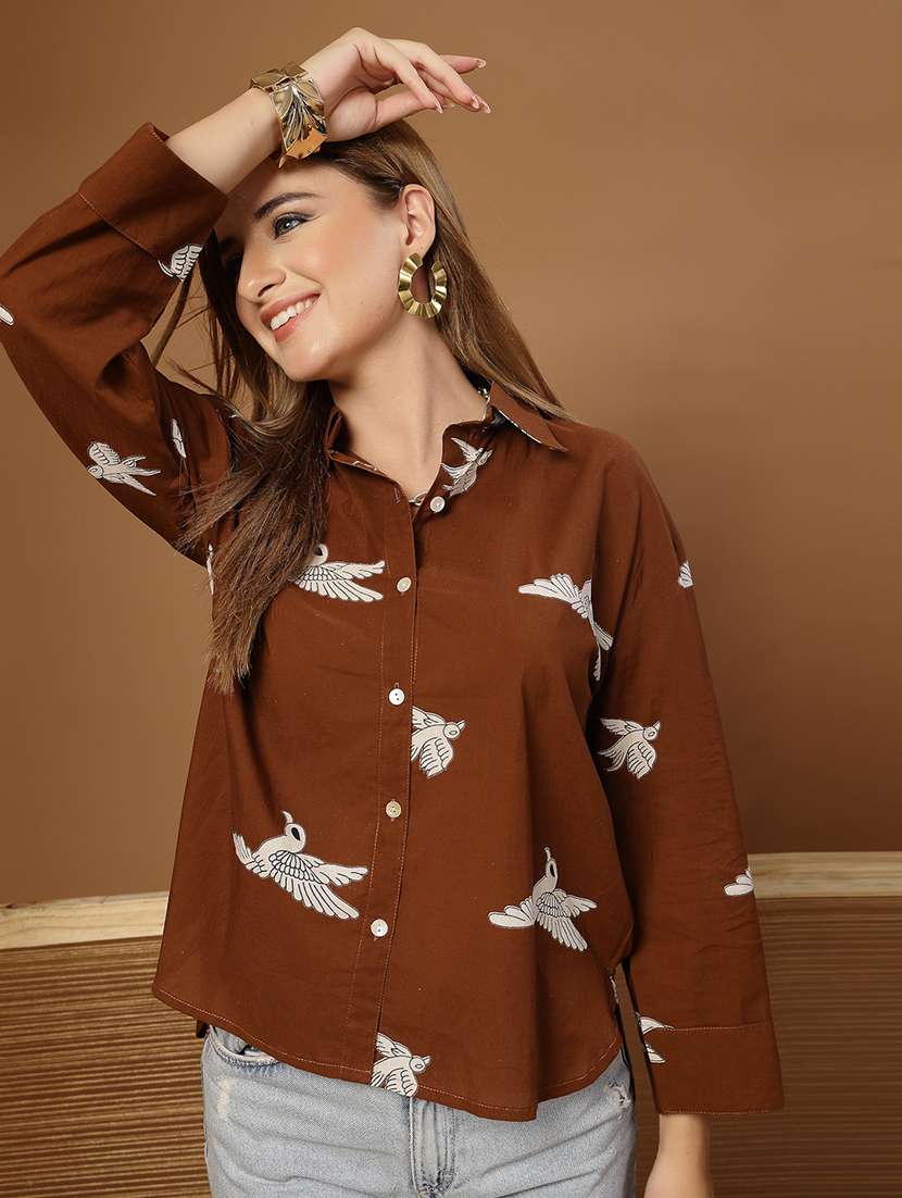 women printed collared high low shirt