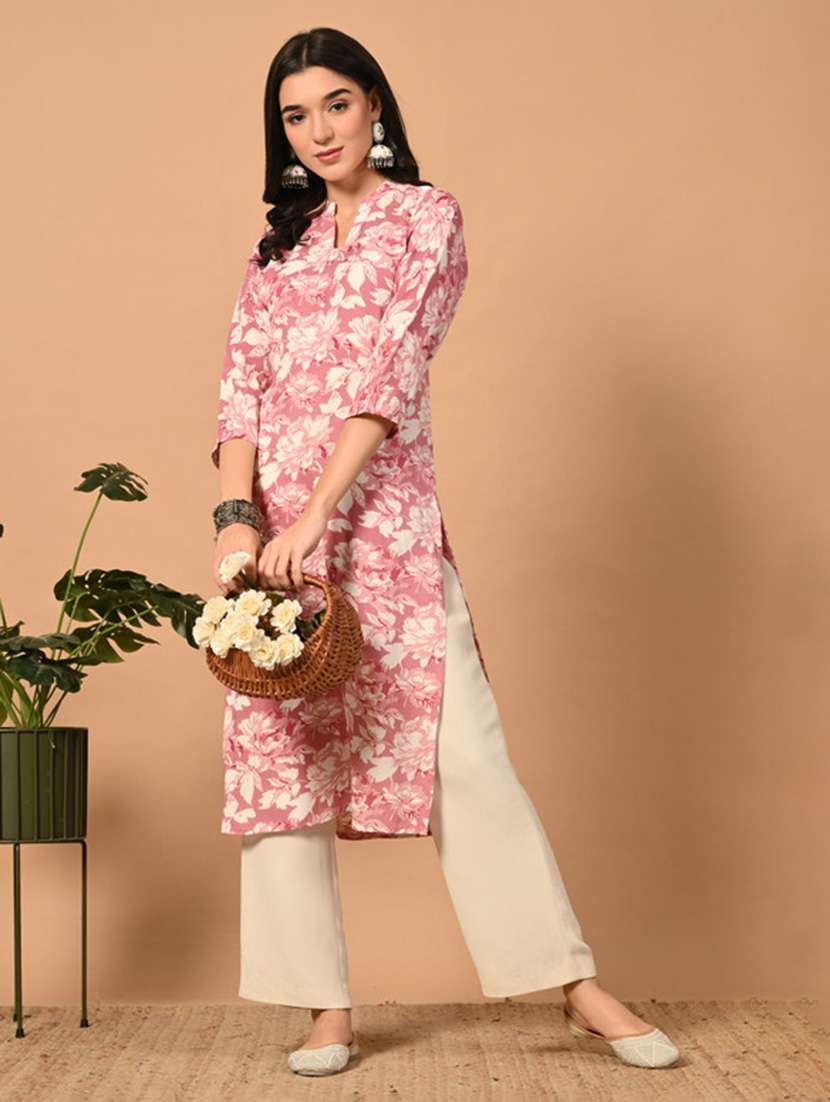 women printed three quarter sleeve straight kurta