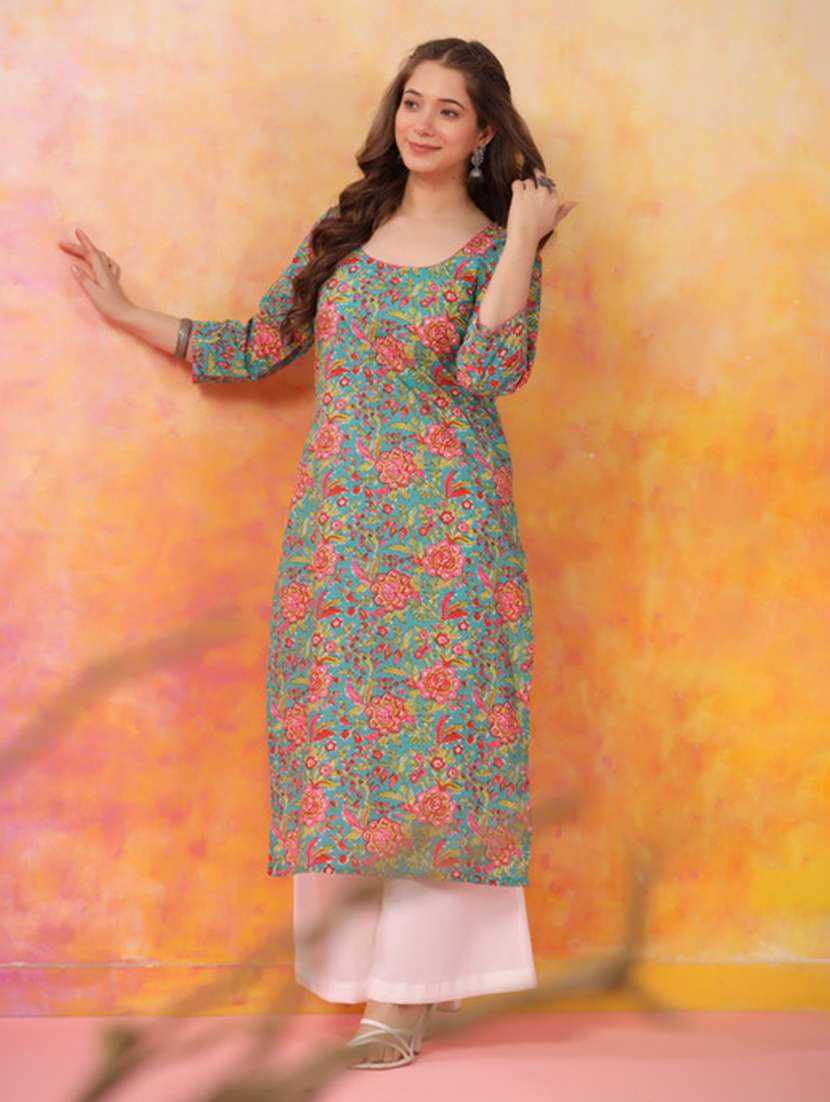 women printed three quarter sleeve straight kurta - 22514924 -  Standard Image - 2