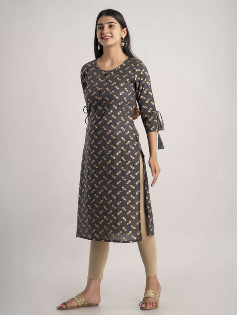 Women Printed Three Quarter Sleeve Straight Kurta - 22514940 -  Standard Image - 2