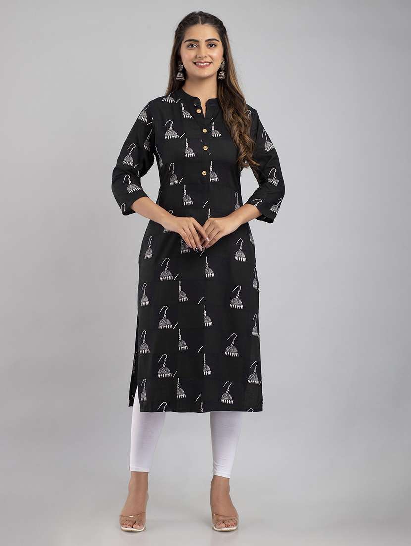 women printed three quarter sleeve straight kurta