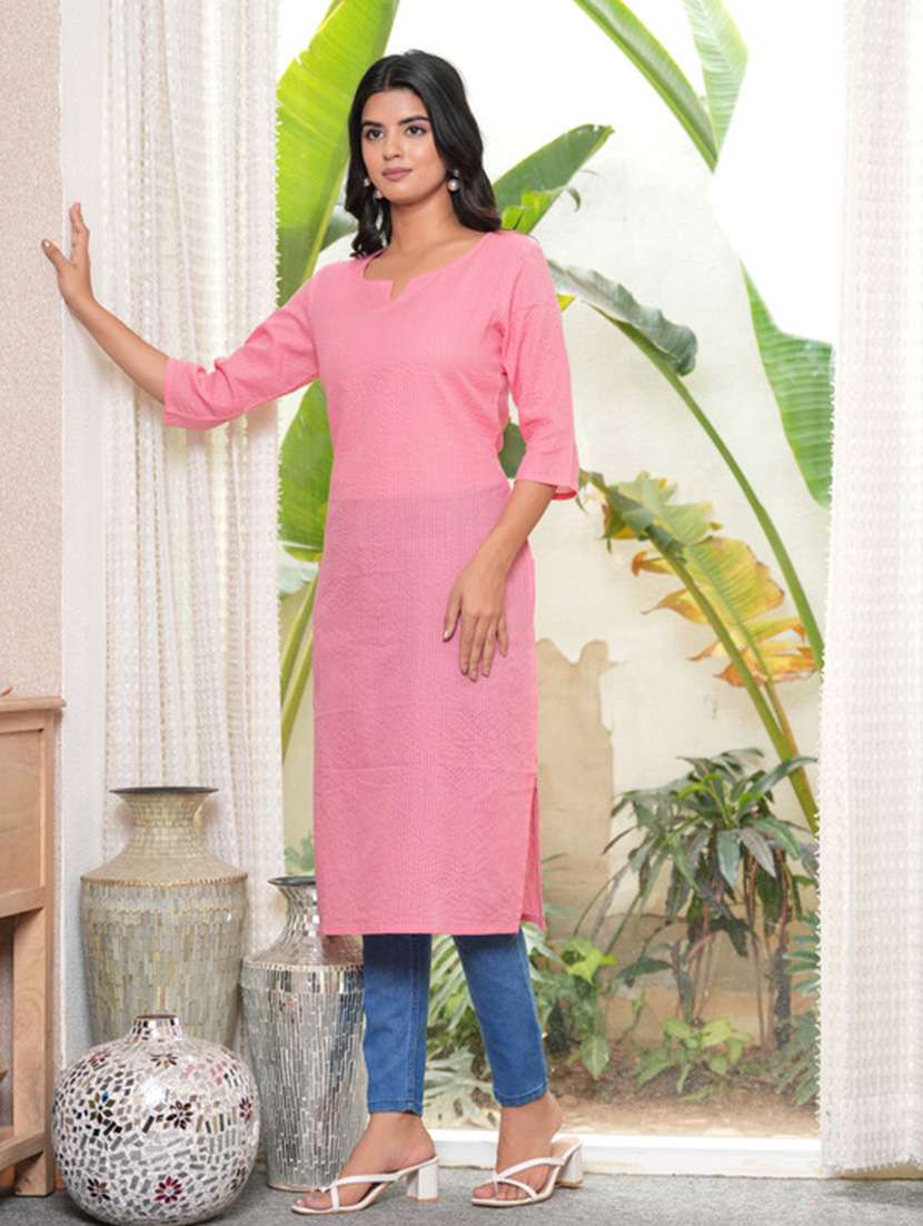 women self design three quarter sleeve straight kurta - 22514957 -  Standard Image - 2