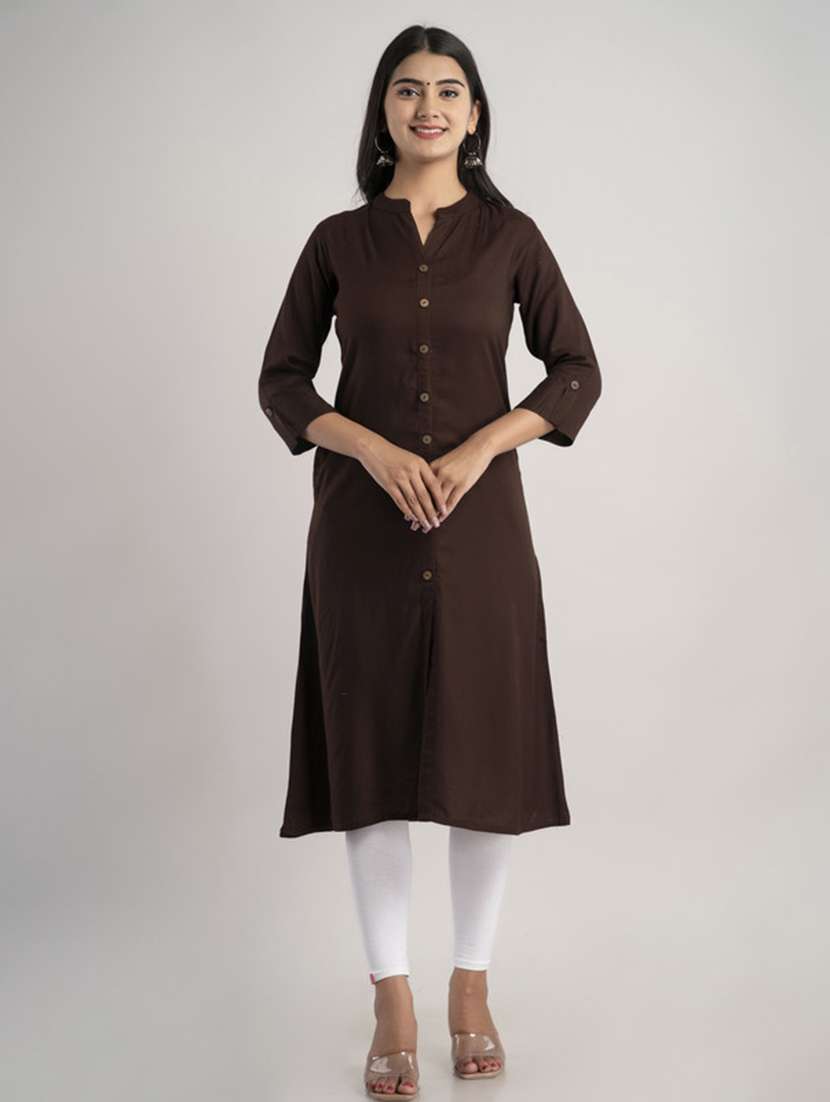 women solid three quarter sleeve a-line kurta