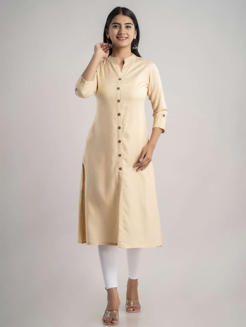 women solid three quarter sleeve a-line kurta