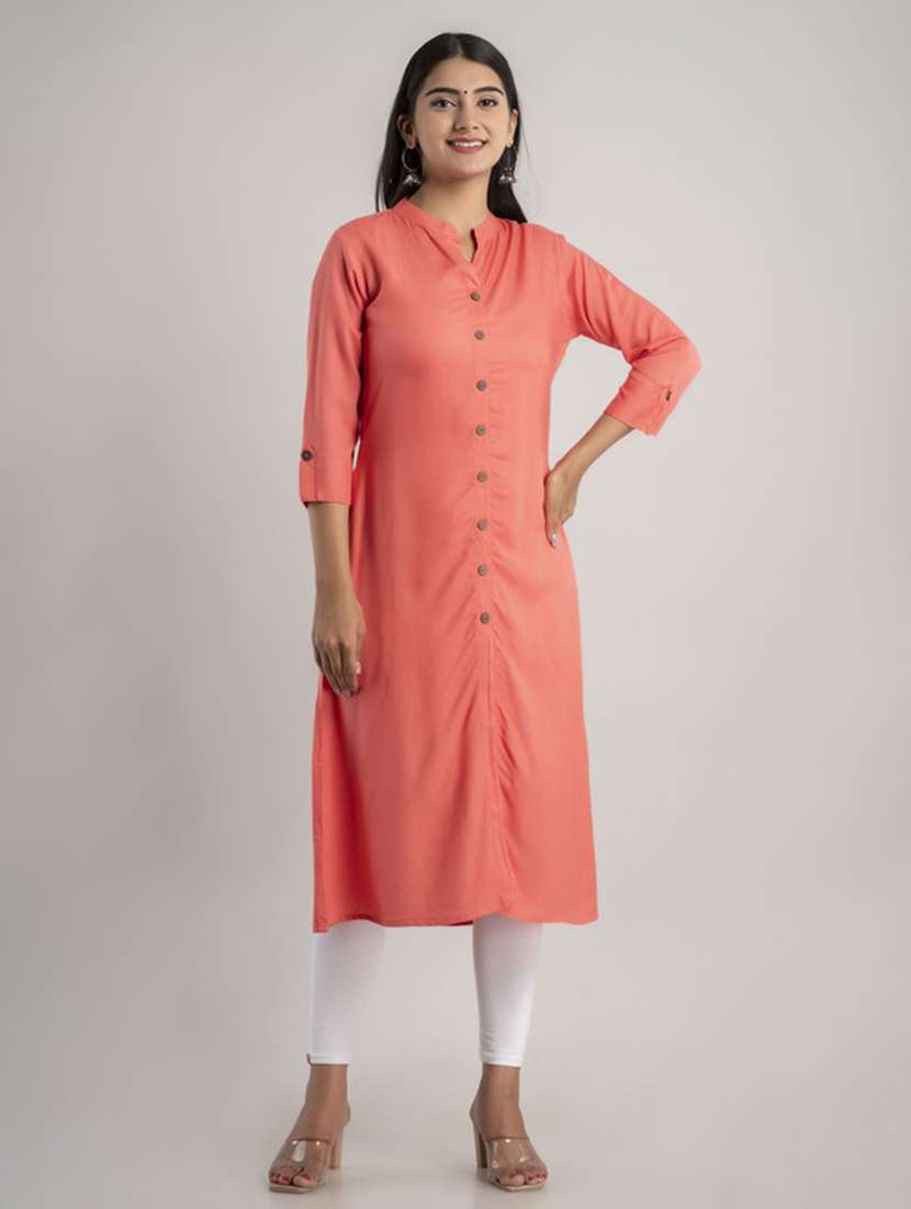 women solid three quarter sleeve a-line kurta