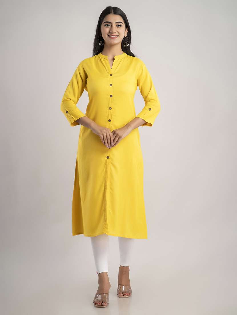 women solid three quarter sleeve a-line kurta
