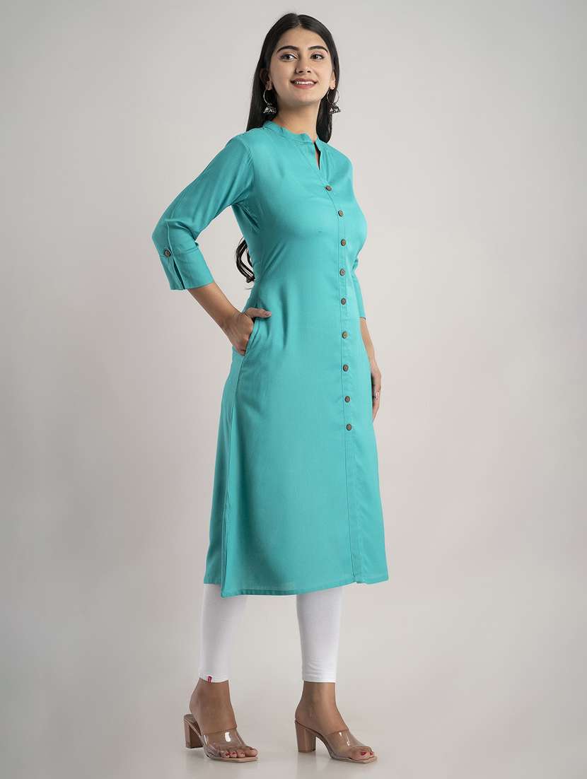 women solid three quarter sleeve a-line kurta - 22514966 -  Standard Image - 2