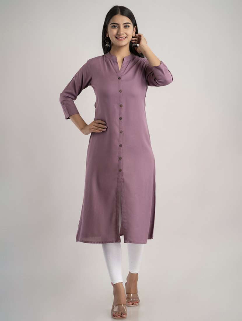 women solid three quarter sleeve a-line kurta