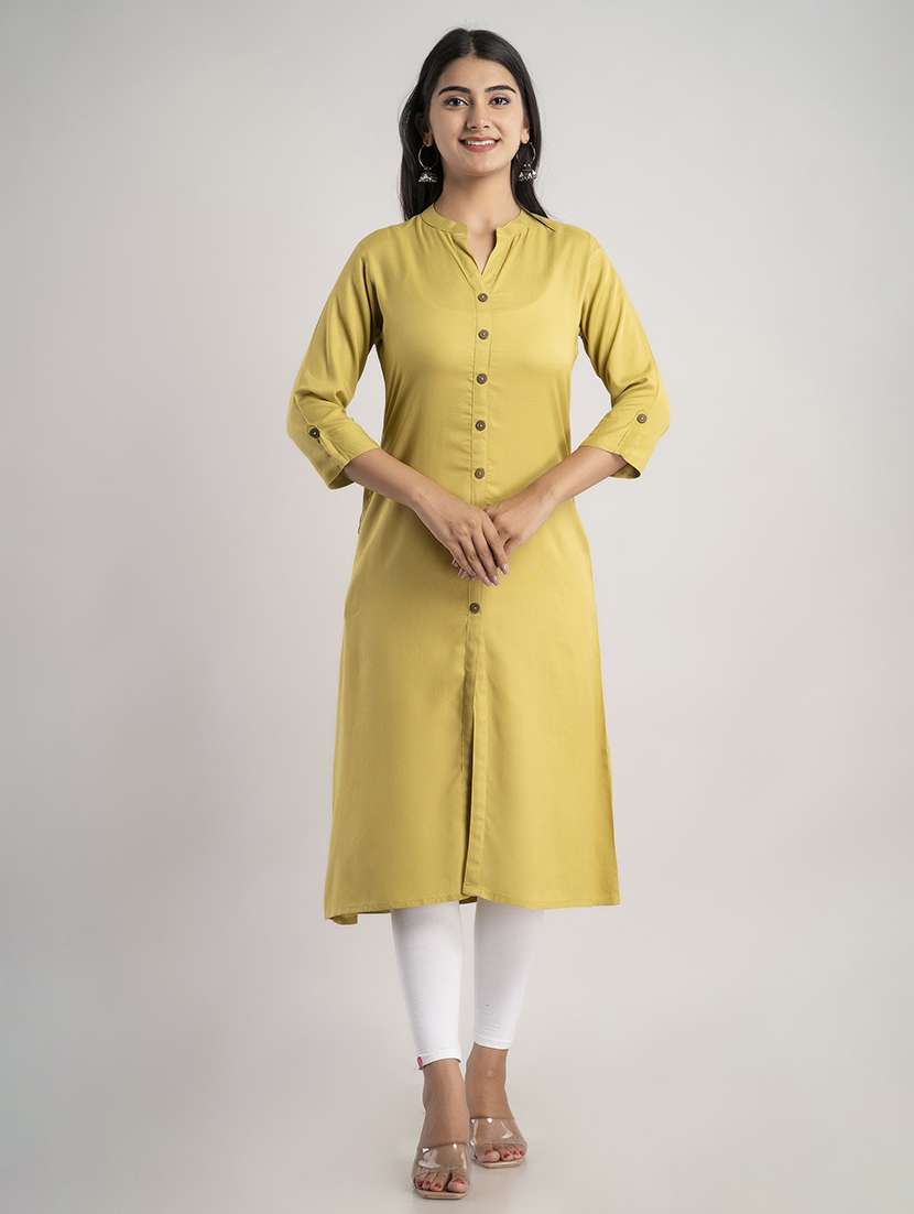 women solid three quarter sleeve a-line kurta