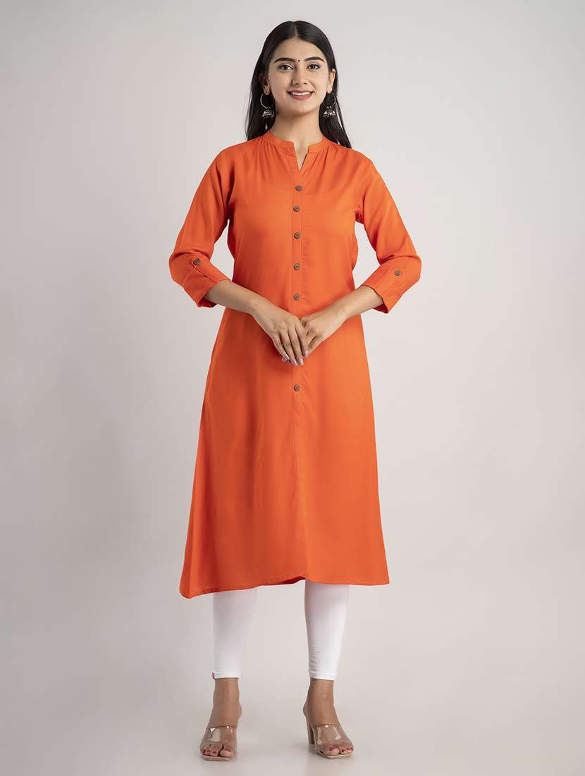 women solid three quarter sleeve a-line kurta