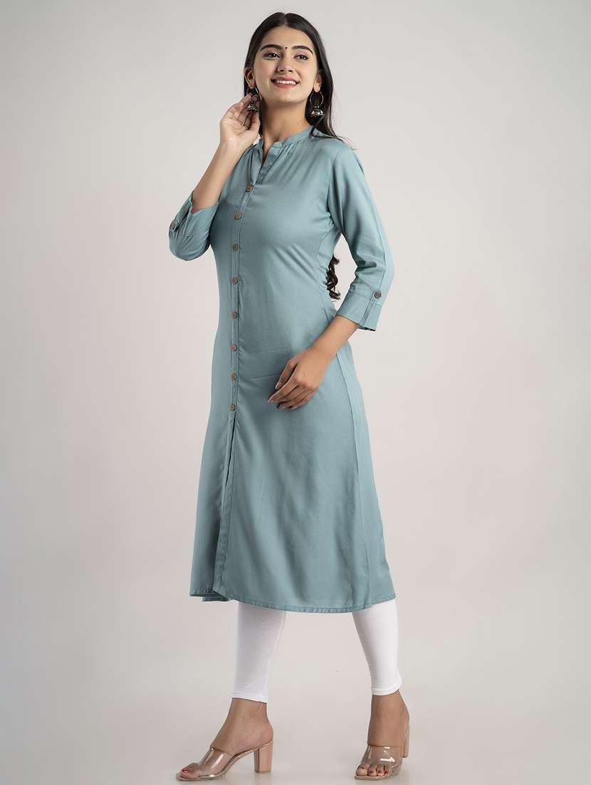 women solid three quarter sleeve a-line kurta - 22514970 -  Standard Image - 2
