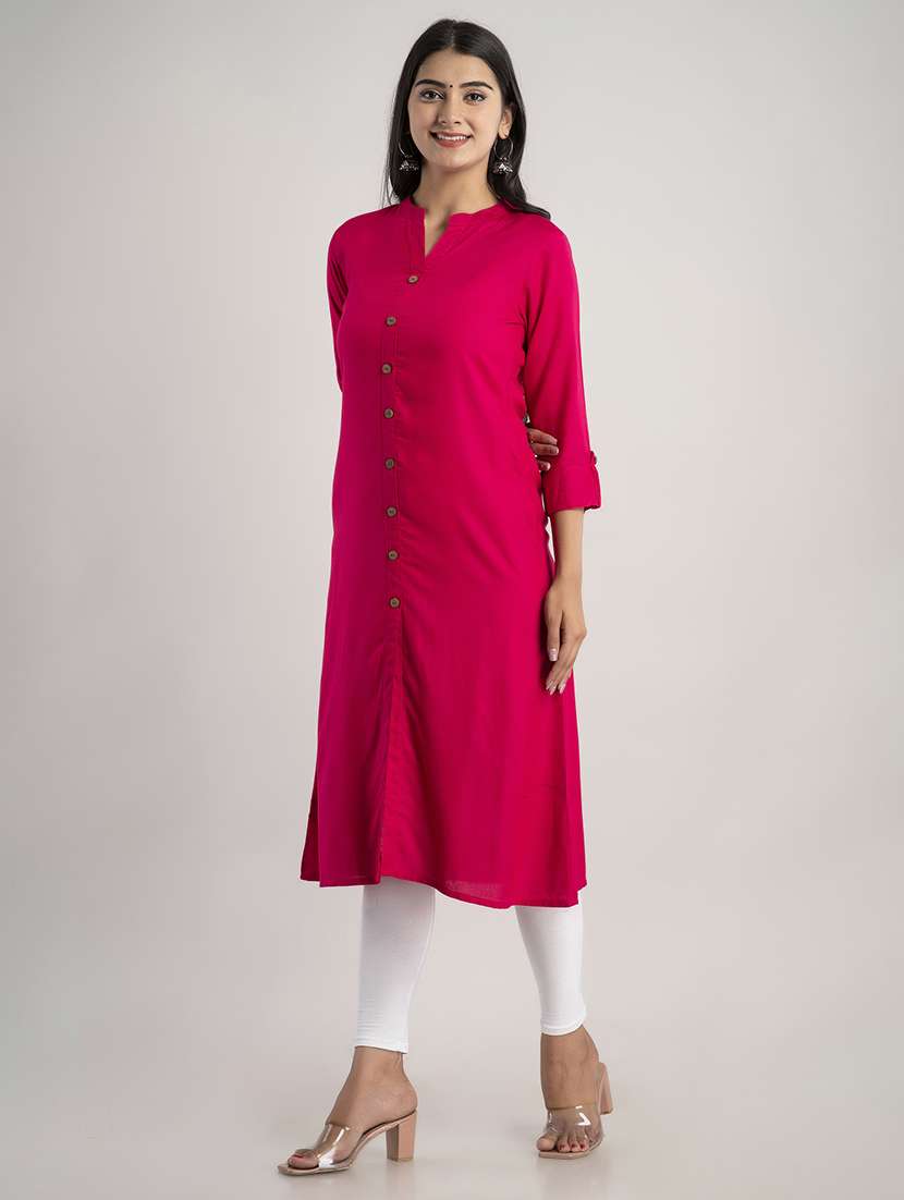 women solid three quarter sleeve a-line kurta - 22514971 -  Standard Image - 2