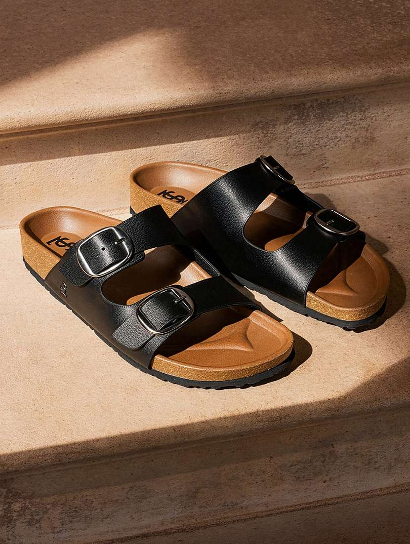 women solid slip on double strap sandal