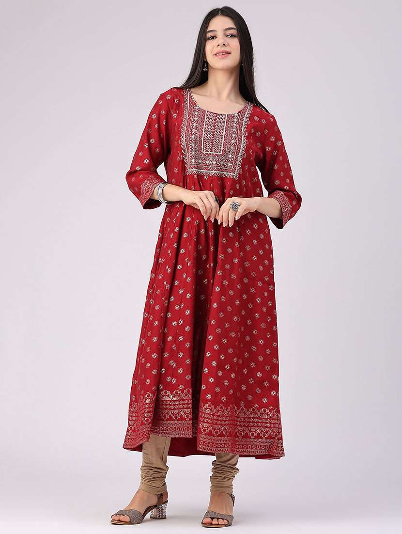 Women Printed Three Quarter Sleeve Anarkali Kurta - 22515454 -  Standard Image - 2