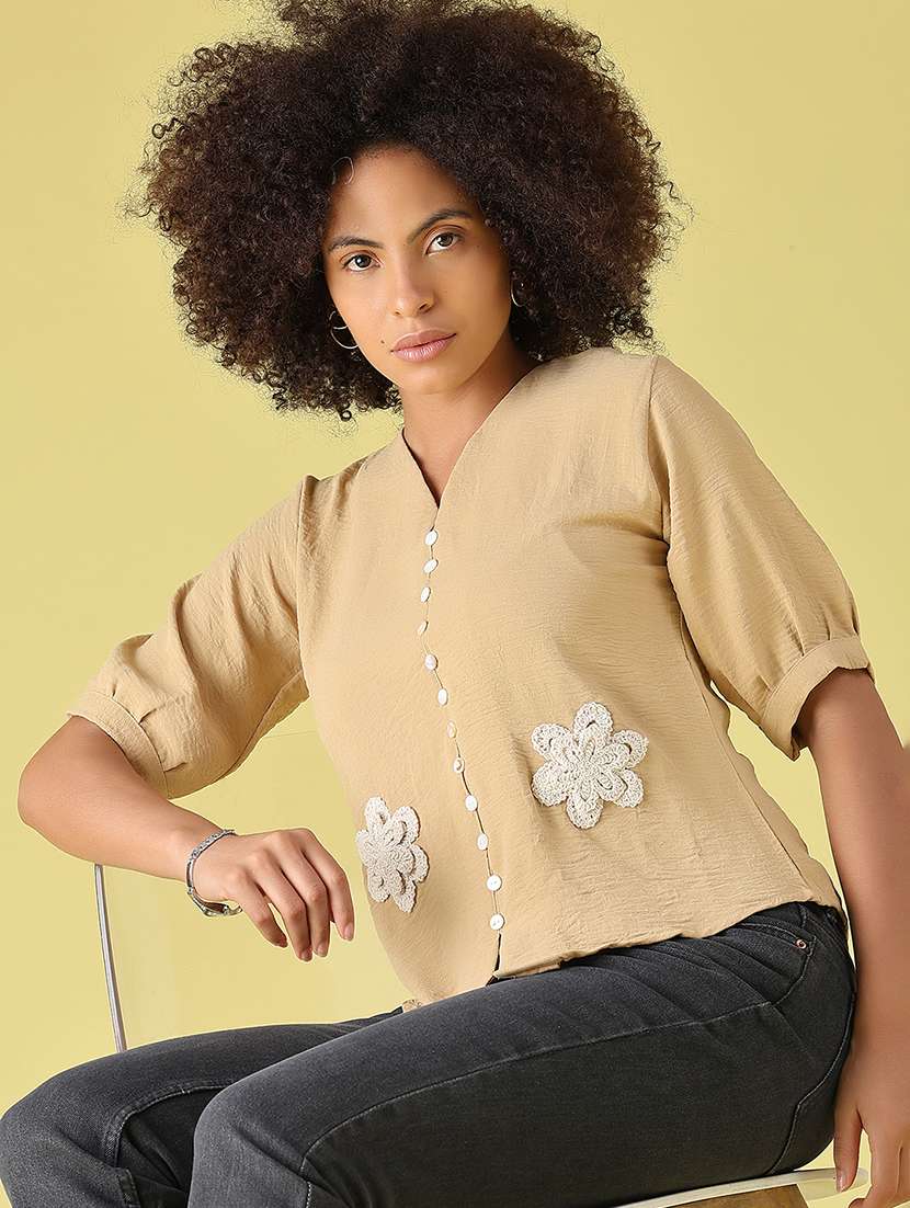women applique detailed short sleeves regular top