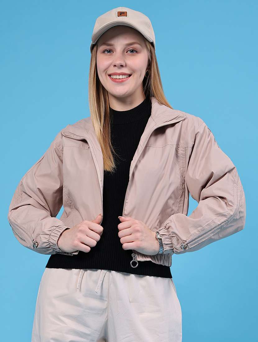women solid long sleeves windcheater
