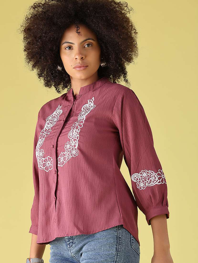 women embroidered three quarter sleeves regular top
