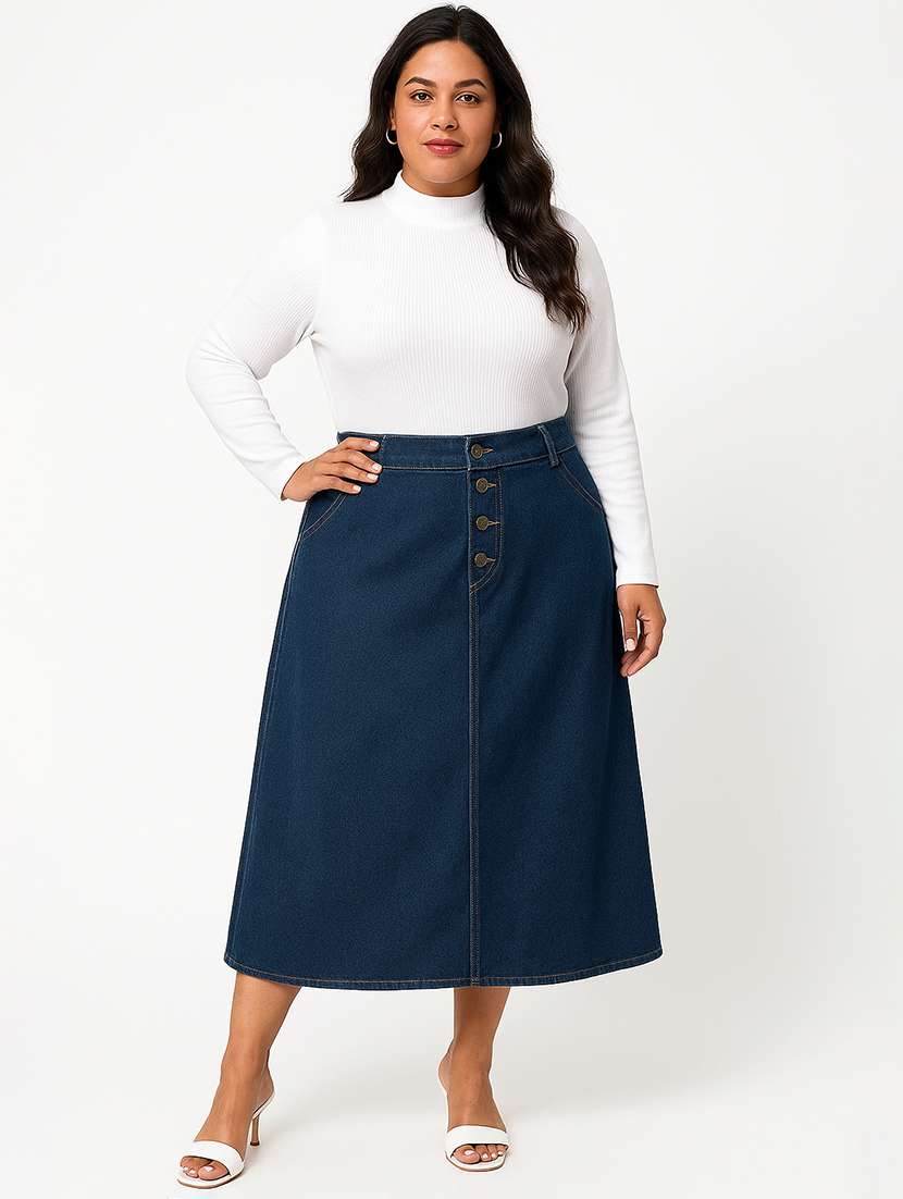 women solid mid rise denim skirt