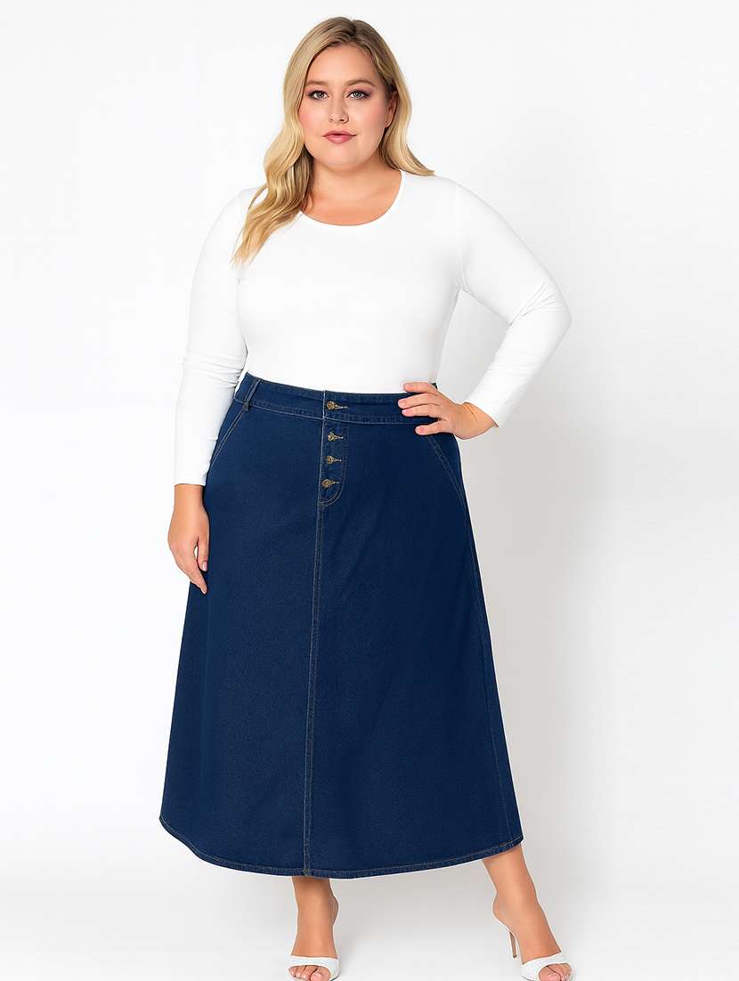 women solid mid rise denim skirt