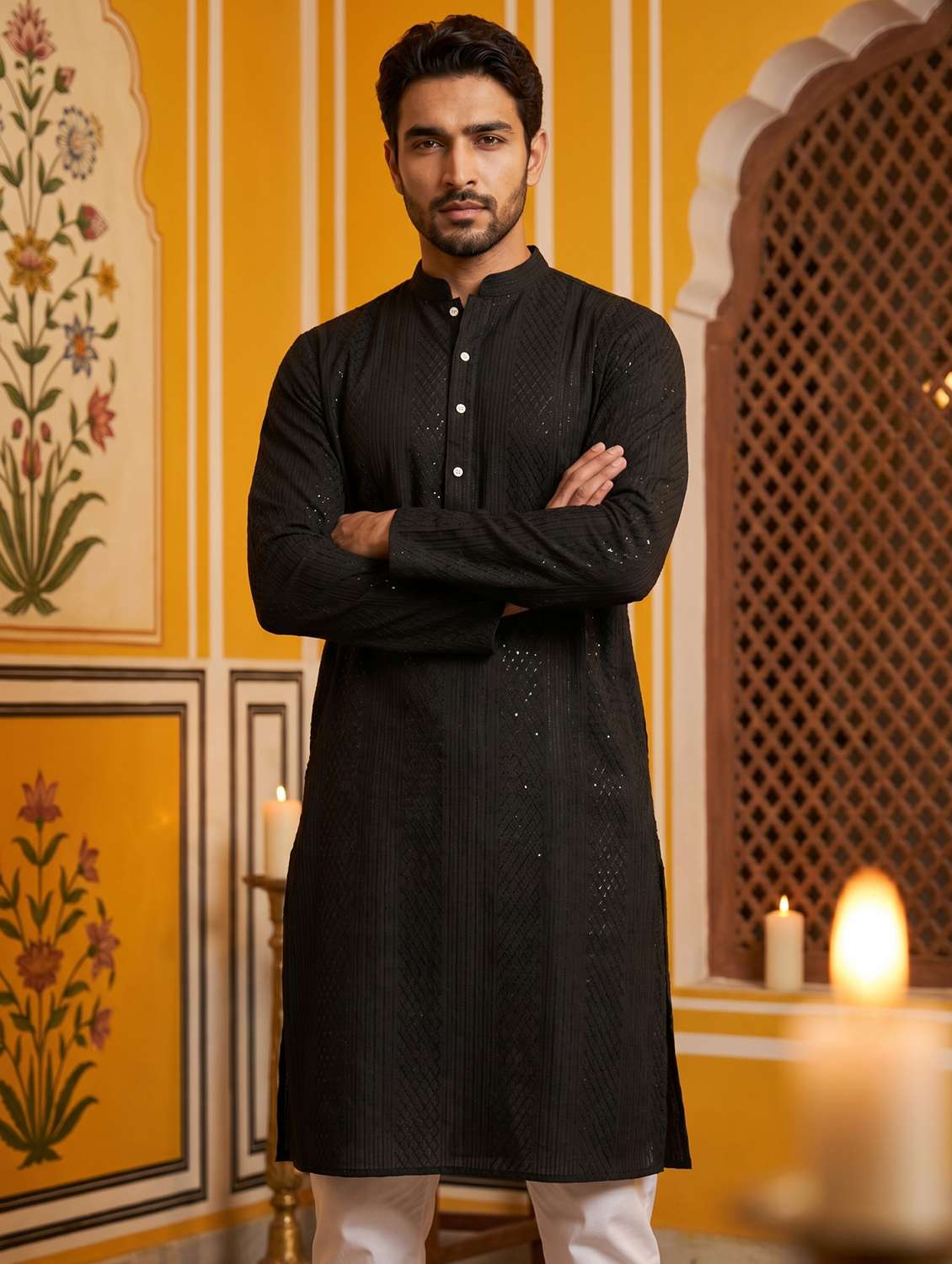 Men Embroidered Mandarin Neck Long Kurta - 22518244 -  Standard Image - 2