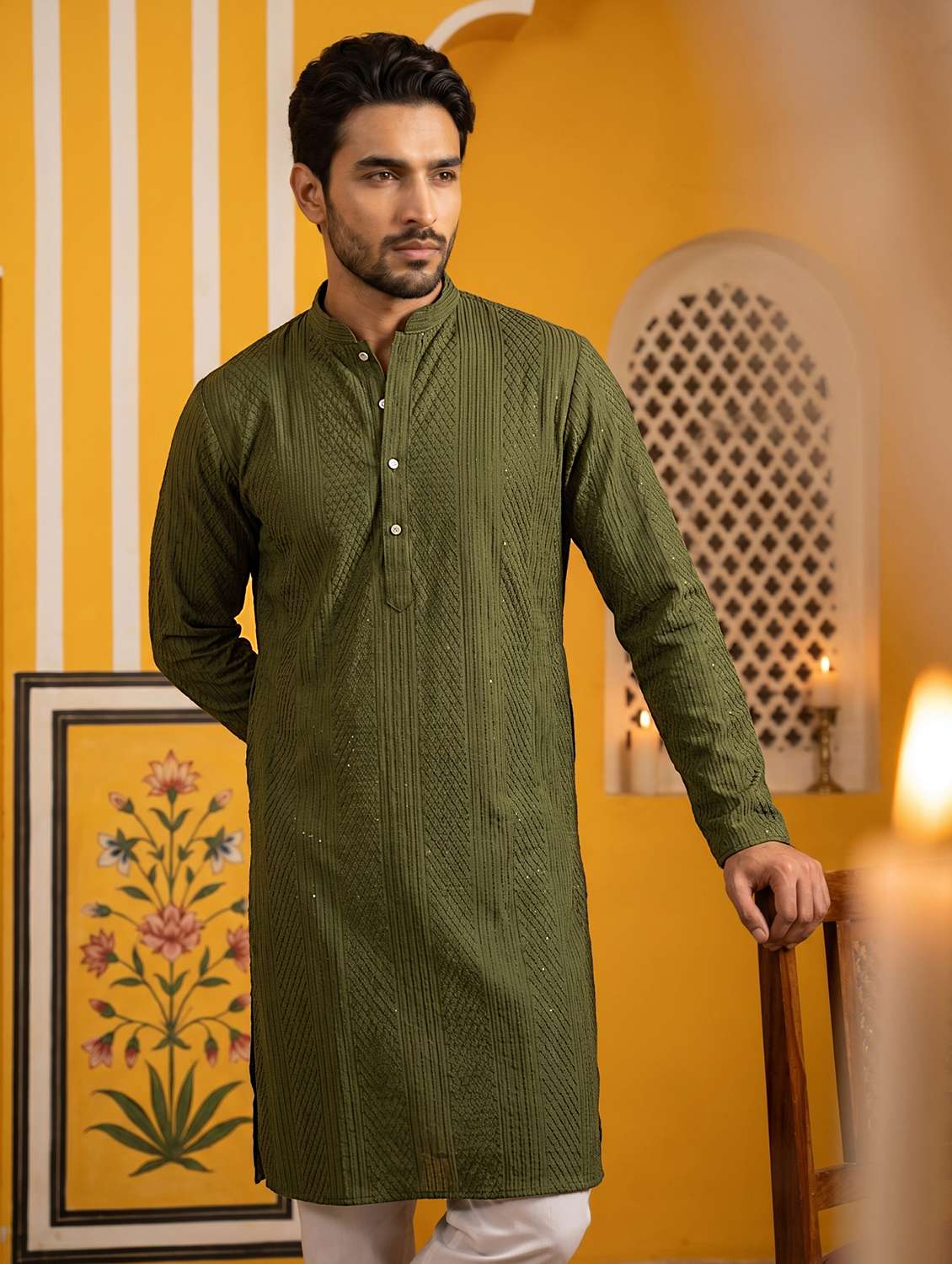 men embroidered mandarin neck long kurta