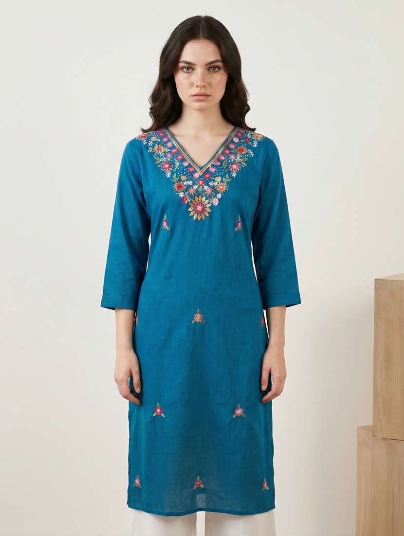 women embroidered three quarter sleeve straight kurta - 22518295 -  Standard Image - 2