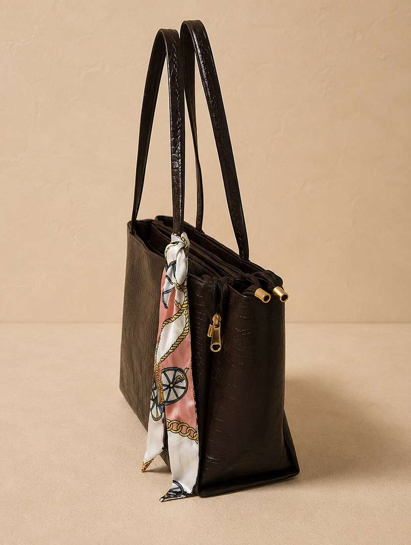 brown leatherette textured tote bag with scarf detail - 22518307 -  Standard Image - 2