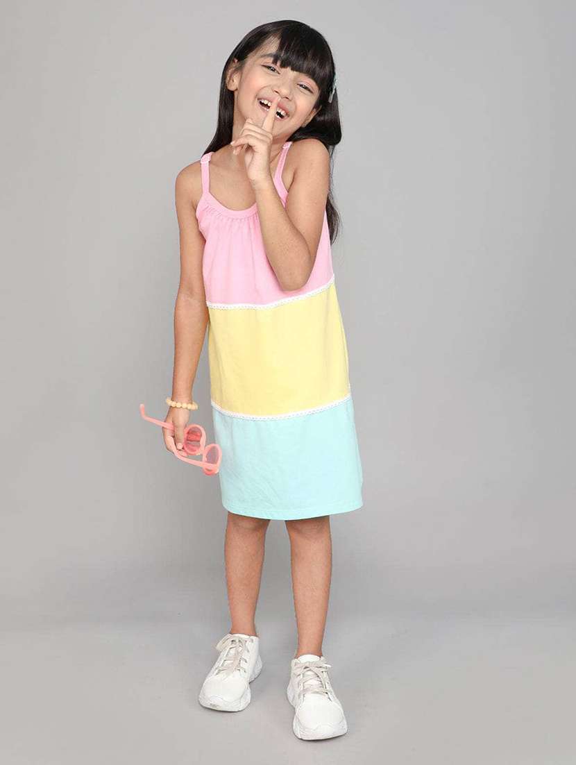 girls colourblocked shoulder strap a-line dress