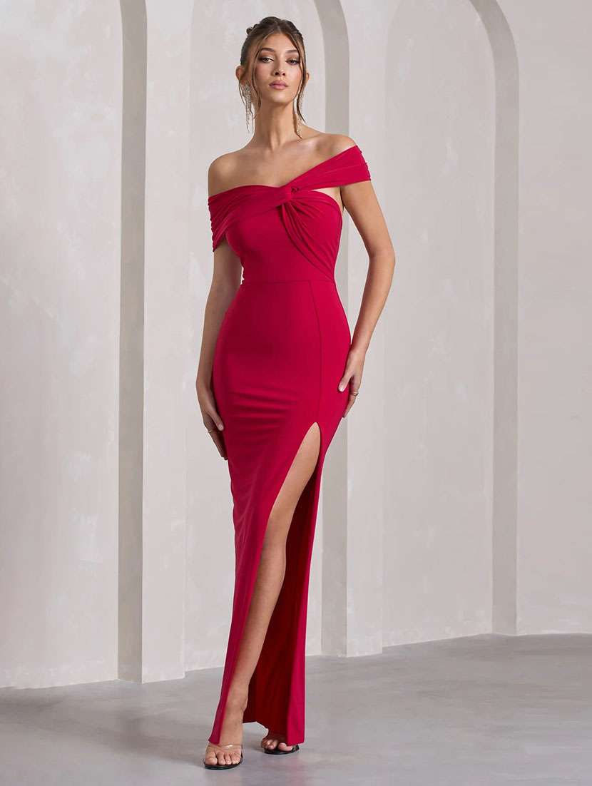 women solid off shoulder high slit dress