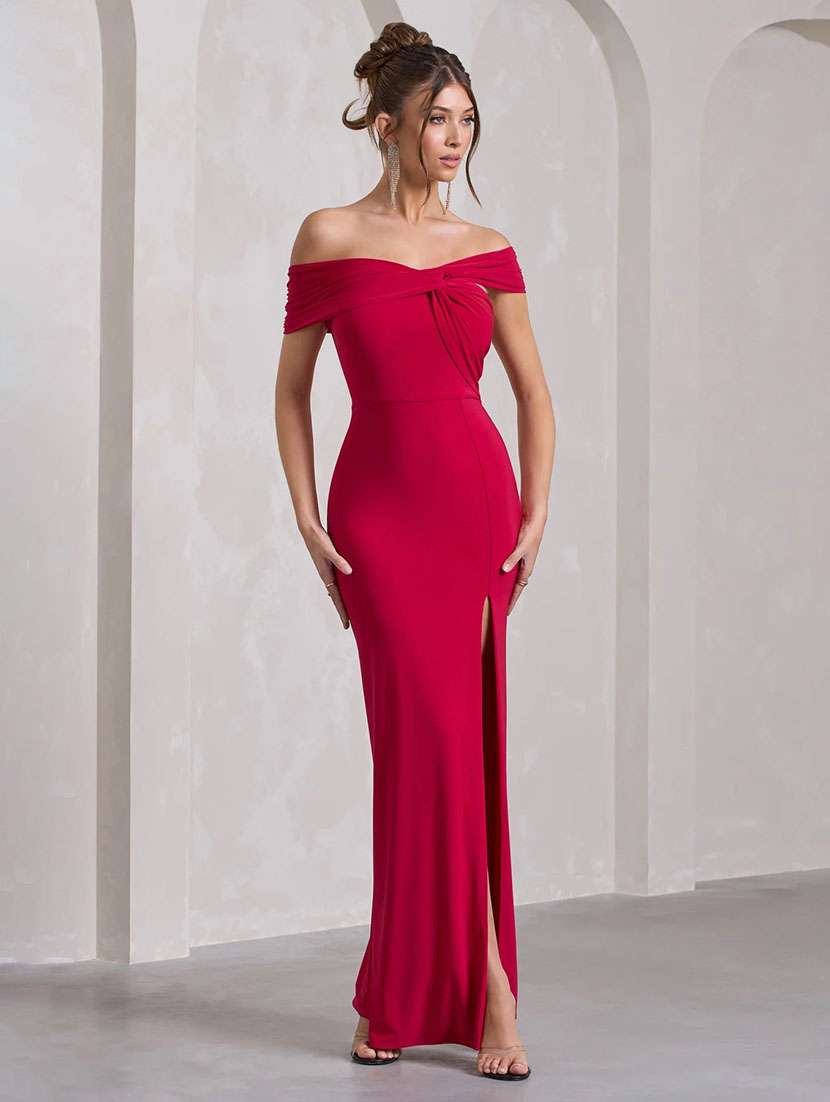 women solid off shoulder high slit dress - 22518342 -  Standard Image - 2